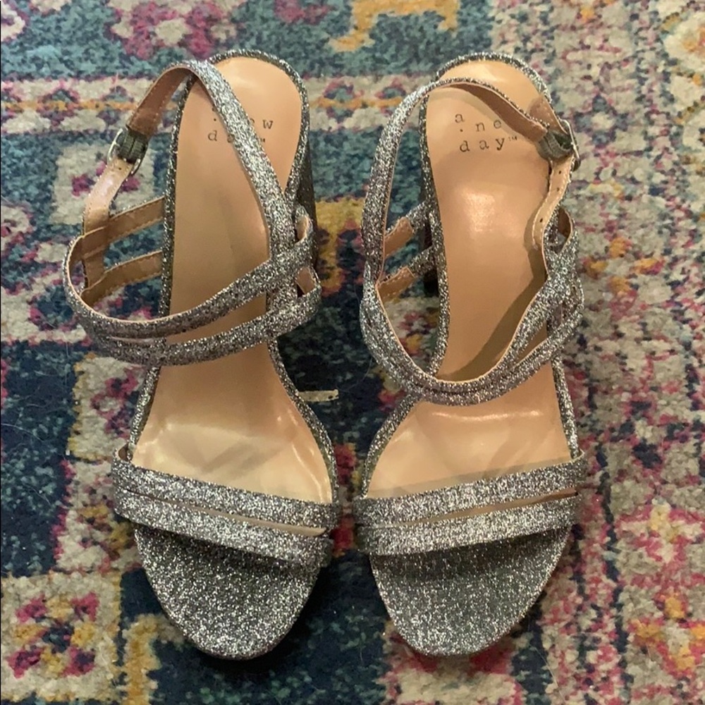 Strappy, silver block heels NWOT